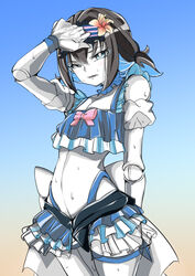  bikini black_hair blue_bikini blue_eyes blue_hair blush breasts colored_inner_hair doll_joints duplicate female flower frilled_bikini frills garie_tuman gradient_background hair_flower hair_ornament hairband joints lolomion looking_at_viewer multicolored_hair open_mouth pale_skin pixel-perfect_duplicate senki_zesshou_symphogear senki_zesshou_symphogear_xd_unlimited sharp_teeth shiny_skin short_hair small_breasts solo standing sweat swimsuit teeth two-tone_hair 