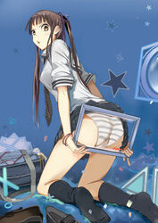  ass back black_socks blouse brown_eyes brown_hair clothes_lift commentary_request feet female grey_panties hair_ribbon hands highres kneehighs kneeling legs loafers long_hair looking_back moka._tapioka necktie original panties photoshop_(medium) pleated_skirt raised_eyebrow ribbon school_uniform serafuku shirt shoes skirt skirt_lift socks solo striped_clothes striped_panties trefoil twintails underwear 