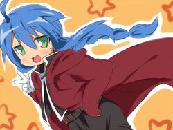  :3 ahoge bad_id bad_pixiv_id blue_hair braid cape cloak cosplay edward_elric edward_elric_(cosplay) female fullmetal_alchemist gloves green_eyes hand_in_pocket izumi_konata long_hair lucky_star maruki_(punchiki) mole mole_under_eye smile solo star_(symbol) v 