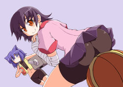  2girls animal_ears ass bakemonogatari bandages bike_shorts cat_ears commentary_request crossover kanbaru_suruga monogatari_(series) multiple_girls naitou_kouse naoetsu_high_school_uniform navel pani_poni_dash! purple_hair sawashiro_miyuki school_uniform serizawa_akane shorts shorts_under_skirt smile voice_actor_connection 