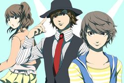  2boys bad_id bad_pixiv_id brown_hair female hat hidari_shoutarou kamen_rider kamen_rider_w moocharuto multiple_boys narumi_akiko necktie philip_(kamen_rider) ponytail skirt 