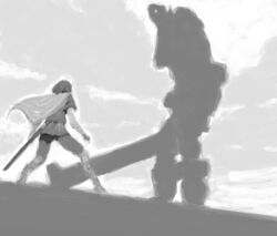  1boy cape colossus commentary_request gaius_(shadow_of_the_colossus) giant greyscale iseki_(kuroshura_no_tabiji) male_focus monochrome shadow_of_the_colossus short_hair surcoat sword wander_(shadow_of_the_colossus) weapon 