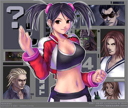  2girls 5boys ? artist_name black_sports_bra breasts christie_monteiro cleavage collarbone copyright_name copyright_notice cowboy_shot dated hwoarang_(tekken) king_(tekken) large_breasts ling_xiaoyu looking_at_viewer lowres midriff mishima_kazuya multiple_boys multiple_girls navel photoshop_(medium) seedark solo_focus sports_bra steve_fox stomach tekken tekken_4 twintails web_address yoshimitsu_(namco) 