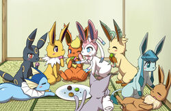  blush canid canine eating eevee eeveelution elemental_creature espeon evolutionary_family female feral flareon flora_fauna food generation_1_pokemon generation_2_pokemon generation_4_pokemon generation_6_pokemon glaceon group jolteon koorinezumi leafeon male mammal marine nintendo plant poke_puff pokemon pokemon_(species) simple_background sylveon tail umbreon vaporeon 