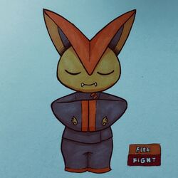  2018 ambiguous_gender anthro asian_clothing big_ears biped bottomwear chinese_clothing closed_eyes clothed clothing east_asian_clothing english_text fangs firefightdex front_view full-length_portrait generation_5_pokemon grey_background grey_clothing hands_together hatching_(art) hi_res jiasha_robe legendary_pokemon mammal marco_fanjul marker_(artwork) martial_arts meditating mixed_media monk multicolored_body nintendo orange_body oversized_clothing pants pen_(artwork) pokemon pokemon_(species) portrait robe shaded shadow shaolin_monk simple_background smile solo teeth text toony traditional_media_(artwork) two_tone_body victini yellow_body 