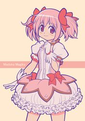  absurdres blush bow bubble_skirt choker commentary_request copyright_name female flat_chest gloves hairbow highres kaname_madoka kaname_madoka_(magical_girl) magical_girl mahou_shoujo_madoka_magica mahou_shoujo_madoka_magica_(anime) mikoko1 pink_eyes pink_hair puffy_short_sleeves puffy_sleeves short_sleeves short_twintails skirt smile solo twintails white_gloves 