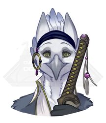  anthro avian beak bird bust_portrait conditional_dnp female lintu looking_at_viewer melee_weapon portrait simple_background solo sword weapon 