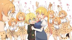  6+girls :d ahoge animal_ears blonde_hair blue_eyes brown_eyes brown_hair cat_ears cat_tail catchphrase clone collared_shirt commentary crossover damenano104 dragon_girl dragon_horns elbow_gloves gloves hair_between_eyes high-waist_skirt horns interlocked_fingers kemono_friends kobayashi-san_chi_no_maidragon long_hair maid_headdress military military_uniform multiple_crossover multiple_girls neck_ribbon open_mouth orange_eyes ribbon scared season_connection serval_(kemono_friends) serval_print shirt short_hair skirt sleeveless smile sweatdrop tail tanya_degurechaff tohru_(maidragon) too_many translated trembling uniform v-shaped_eyebrows white_background youjo_senki 