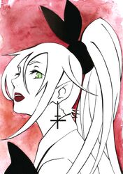  demon demon_girl fantasy female green_eyes long_hair open_mouth original red_lips solo suzume vampire vampire_girl white_hair 