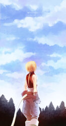  1boy blonde_hair celestial_s cloud commentary_request day final_fantasy final_fantasy_ix forest from_behind highres male_focus nature ponytail sky sleeveless solo tail translation_request zidane_tribal 