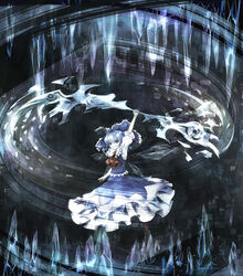  arms_up blue_eyes blue_hair bow cirno commentary_request crystal female frills gathers hairbow ice icicle necktie ribbon same_2009 short_hair skirt smirk solo staff touhou weapon wings 