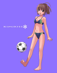  808 :d arms_at_sides ass_visible_through_thighs ball barefoot bikini breasts brown_eyes brown_hair cleavage copyright_name feet female full_body kimi_kiss legs looking_at_viewer medium_breasts navel open_mouth ponytail purple_background sakino_asuka short_hair short_ponytail smile soccer_ball soles solo standing standing_on_one_leg swimsuit telstar toes 