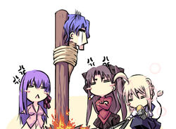  1boy 3girls ahoge anger_vein artoria_pendragon_(fate) black_skirt blonde_hair blouse burning_at_the_stake chibi eating fate/stay_night fate_(series) fire hair_ribbon long_hair lowres matou_sakura matou_shinji multiple_girls pantyhose purple_hair red_ribbon ribbon saber_(fate) satomi_(black_scarecrow) shirt skirt tied_to_stake tohsaka_rin two_side_up 