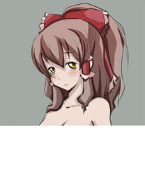  ao_usagi blush bow breasts brown_hair cleavage commentary_request fake_scrollbar female hairbow hakurei_reimu medium_breasts red_bow solo topless touhou yellow_eyes 