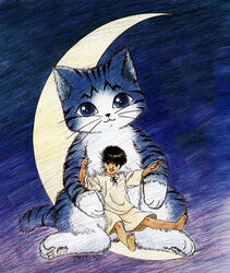  1boy aged_down animal barefoot boku_no_chikyuu_o_mamotte crescent_moon feet feline giant_cat gotou_takayuki kyaa male_focus moon official_art on_crescent oversized_animal shion_(please_save_my_earth) sitting star_(symbol) 