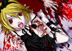  black_dress blonde_hair blood claws commentary_request dress female flower from_above hair_ribbon iga_tomoteru kagamine_rin kneeling open_mouth petals red_eyes ribbon rose short_hair solo tears vampire vocaloid 