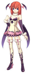  bat_wings blue_eyes boots commentary cross_edge demon_girl demon_wings detached_sleeves dress female full_body fur garter_straps head_wings hirano_katsuyuki meu_(spectral_souls) official_art photoshop_(medium) red_hair short_dress simple_background smile solo spectral_(series) spectral_souls standing thigh_boots thighhighs wings 