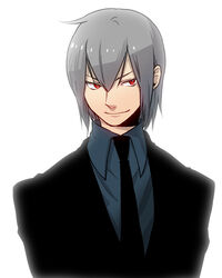  1boy bad_id bad_pixiv_id devil_survivor formal grey_hair highres male_focus naoya_(devil_survivor) necktie photoshop_(medium) red_eyes solo suit yoshida_sei 