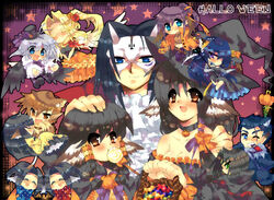  6+boys 6+girls animal_ears aruruu benawi brothers camyu candy collar commentary_request dorry_(utawarerumono) eruruu everyone food guraa hakuowlo halloween harenotihimawari head_wings karulau kurou_(utawarerumono) lollipop mask metal_collar multiple_boys multiple_girls oboro_(utawarerumono) siblings swirl_lollipop touka_(utawarerumono) twins ulthury utawarerumono wings yuzuha_(utawarerumono) 