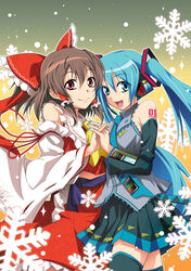  2girls :d apr ascot bare_shoulders black_legwear black_skirt blue_eyes blue_hair blue_nails blue_neckwear bow brown_hair closed_mouth collared_shirt commentary_request cowboy_shot crossover detached_sleeves frilled_bow frilled_shirt_collar frills grey_shirt hair_tubes hairbow hakurei_reimu hatsune_miku headset highres holding_hands interlocked_fingers long_hair looking_at_viewer medium_hair multiple_girls nail_polish necktie niconico_rpg nontraditional_miko open_mouth pleated_skirt red_bow red_eyes red_ribbon red_shirt red_skirt ribbon ribbon-trimmed_sleeves ribbon_trim shirt shoulder_tattoo skirt sleeveless sleeveless_shirt smile snowflakes tattoo thighhighs touhou twintails very_long_hair vocaloid wing_collar yellow_ascot zettai_ryouiki 