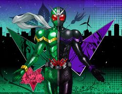  3boys antennae belt city commentary_request female hidari_shoutarou kamen_rider kamen_rider_double kamen_rider_w moi_(yfvlibbl9i) multiple_boys narumi_akiko philip_(kamen_rider) rider_belt scarf 