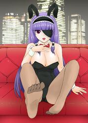  animal_ears bad_id bad_pixiv_id breasts cleavage dream_c_club dream_c_club_(series) eyepatch fake_animal_ears feet female foot_focus huge_breasts long_hair mari_(dream_c_club) pantyhose playboy_bunny purple_hair rabbit_ears shijou_mako soles solo 