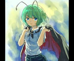  antennae blue_eyes cape commentary_request female furorida green_hair looking_at_viewer pants shirt short_hair short_sleeves smile solo touhou wriggle_nightbug 