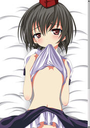  bad_id bad_pixiv_id black_hair blush breasts brown_eyes clothes_lift fake_scrollbar female hands_on_own_chest hat looking_at_viewer lying ma-yu midriff mouth_hold navel on_back out-of-frame_censoring photoshop_(medium) shameimaru_aya shirt_lift short_hair skirt skirt_lift small_breasts solo tokin_hat touhou underboob 