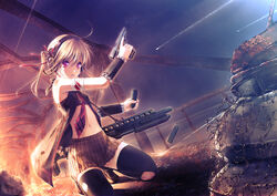  aruciii bad_id bad_pixiv_id bandaged_arm bandages barbed_wire bare_shoulders black_jacket black_thighhighs blonde_hair boots breasts brown_footwear brown_skirt commentary_request copyright_request dutch_angle ear_protection female gun handgun holding holding_gun holding_magazine_(weapon) holding_weapon jacket kneeling long_hair m1911 magazine_(weapon) navel necktie outdoors photoshop_(medium) plaid plaid_skirt pleated_skirt pump_action purple_eyes red_necktie remington_870 rust shotgun sidelocks skirt sleeveless sleeveless_jacket small_breasts solo thighhighs torn_clothes torn_thighhighs twintails weapon wrist_cuffs 