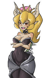  2018 absurd_res alternate_species animal_humanoid bowser bowsette_meme breasts cleavage clothed clothing collar crossed_arms crown digital_media_(artwork) evening_gown fangs female headgear hi_res horn humanoid humanoidized koopa_humanoid looking_at_viewer mario_bros meme mtf_crossgender nintendo open_mouth rule_63 scalie scalie_humanoid snoutless solo spiked_collar spikes super_crown teeth tongue 