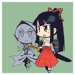  2girls armor bad_id bad_pixiv_id black_hair blush bushidou_(sekaiju) bushidou_2_(sekaiju) chibi curse_maker curse_maker_2 hakama hakama_skirt japanese_clothes jingai_modoki long_hair lowres multiple_girls photoshop_(medium) red_hakama sarashi sekaiju_no_meikyuu sekaiju_no_meikyuu_1 skirt sword weapon 