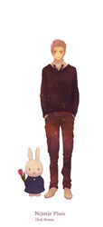  1boy :x animal axis_powers_hetalia belt blonde_hair blue_eyes blush clothed_animal commentary_request flower full_body hands_in_pockets kotouke legs_apart long_sleeves male_focus miffy miffy_(character) netherlands_(hetalia) pants rabbit shirt shoes simple_background spiked_hair standing sweater tulip white_background 