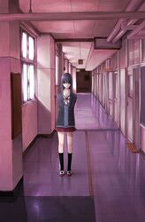  arms_behind_back black_hair copyright_request female hallway long_hair raichi_(quatsch) red_eyes school school_uniform shoes solo standing uwabaki 