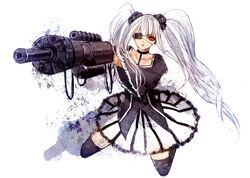  bad_id bad_pixiv_id choker dark-skinned_female dark_skin earrings eyepatch female gothic_lolita gun jewelry lolita_fashion original raichi_(quatsch) red_eyes skirt solo thighhighs twintails weapon white_hair zettai_ryouiki 