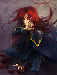  1boy armor bad_id bad_pixiv_id blood cape commentary_request fire_emblem fire_emblem:_genealogy_of_the_holy_war julius_(fire_emblem) kaito_(sawayakasawaday) long_hair male_focus red_eyes red_hair solo squatting 