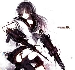  copyright_request female gun monochrome purple_theme raichi_(quatsch) school_uniform serafuku solo weapon 