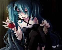  aqua_eyes aqua_hair bad_id bad_pixiv_id doll dress female hatsune_miku long_hair piercing reka rotten_girl_grotesque_romance_(vocaloid) sitting solo thighhighs tongue_piercing twintails very_long_hair vocaloid 