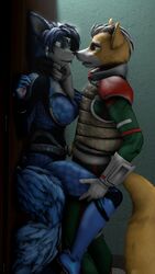  3d_(artwork) 9:16 against_surface against_wall anthro arms_bent bent_arm blue_body blue_fur blue_hair bodysuit breasts canid canine canon_couple clothed clothing cupping cupping_chin digital_media_(artwork) duo eye_contact face_to_face female fox fox_mccloud fur green_eyes hair hand_on_chin hand_on_leg hand_on_thigh hi_res imminent_kiss intimate krystal_(star_fox) leg_grab looking_at_another male male/female mammal nintendo open_mouth raised_hand raised_leg raised_leg_grab romantic romantic_couple side_view skinsuit source_filmmaker_(artwork) standing star_fox teasing teeth thick_thighs thigh_grab tight_clothing touching_chin warfare_fox warfare_krystal warfare_machine warfaremachine 