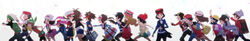  6+boys 6+girls adjusting_clothes adjusting_headwear backlighting backpack backwards_hat bag bandaid bandana baseball_cap beanie beret black_hair bloom blue_eyes blue_hair blue_oak bob_cut brendan_(pokemon) brown_bag brown_eyes brown_hair bruise bruise_on_face bucket_hat calem_(pokemon) cardigan cocoloco dawn_(pokemon) denim denim_shorts dress elio_(pokemon) ethan_(pokemon) everyone eyewear_on_head floral_print gloria_(pokemon) gloves gotcha! green_headwear grey_cardigan grin hair_bun hair_through_headwear hand_on_headwear hand_up hat highres hilbert_(pokemon) hilda_(pokemon) holding_bandaid holding_hands hood hooded_cardigan hoodie index_finger_raised injury jacket jeans kris_(pokemon) leaf_(pokemon) light_particles long_hair looking_at_viewer lucas_(pokemon) lyra_(pokemon) may_(pokemon) multiple_boys multiple_girls nate_(pokemon) pants pantyhose pink_dress poke_ball_print pokemon pokemon_bw pokemon_bw2 pokemon_dppt pokemon_emerald pokemon_frlg pokemon_gsc pokemon_hgss pokemon_rse pokemon_sm pokemon_swsh pokemon_xy red_(pokemon) red_headwear rosa_(pokemon) running scarf selene_(pokemon) serena_(pokemon) shirt short_hair shorts silver_(pokemon) simple_background single_hair_bun skirt sleeveless sleeveless_jacket smile sun_hat sunglasses suspender_shorts suspenders sweatdrop swept_bangs tam_o&#039;_shanter thighhighs tied_shirt tripping twintails victor_(pokemon) visor_cap walking wide_image wristband 