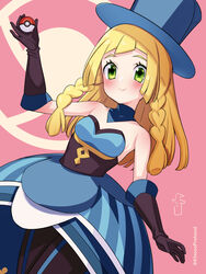  bare_shoulders battle_chatelaine blonde_hair blue_dress blue_hat blush braid choker closed_mouth commentary_request cosplay dress evelyn_(pokemon) evelyn_(pokemon)_(cosplay) eyelashes female gloves green_eyes hand_up hat highres holding holding_poke_ball kinocopro lillie_(pokemon) long_hair pantyhose pink_background poke_ball poke_ball_(basic) pokemon pokemon_sm pokemon_xy smile solo top_hat twin_braids twitter_username watermark 