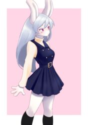  2023 anthro bangs blush clothing dress female fur hair lagomorph leporid mammal pink_eyes rabbit solo standing tagme unousaya white_body white_fur white_hair 