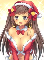  bare_shoulders breasts brown_hair cleavage earrings fate/grand_order fate_(series) female grey_eyes hoop_earrings jewelry looking_at_viewer mata_hari_(fate) nakamura_hinato navel santa_costume solo 