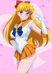  aino_minako back_bow baji_toufuu_(bajitohfu) bishoujo_senshi_sailor_moon blonde_hair blue_bow blue_eyes bow brooch choker circlet commentary_request covered_navel cowboy_shot elbow_gloves female gloves hairbow half_updo highres jewelry leotard long_hair magical_girl miniskirt orange_choker orange_gemstone orange_sailor_collar orange_skirt pink_background pleated_skirt red_bow sailor_collar sailor_senshi_uniform sailor_venus skirt smile solo tiara v venus_symbol white_gloves white_leotard yellow_bow 