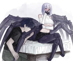  1boy arachne arm_under_breasts arthropod_girl bare_shoulders belt black_belt black_hair black_shirt black_skirt blush breasts carapace claws commentary covered_collarbone covering_own_mouth crop_top detached_sleeves extra_eyes faceless faceless_male female grey_pants hair_between_eyes hand_over_own_mouth hand_up highres kissing_leg kurusu_kimihito large_breasts leg_worship long_sleeves midriff miniskirt monster_girl monster_musume_no_iru_nichijou multiple_legs navel on_bed pants parted_lips rachnera_arachnera red_eyes shirt short_hair short_sleeves sidelocks simple_background sitting skirt sleeveless sleeveless_shirt sleeves_past_wrists smile solid_eyes spider_girl standing stomach straight t-shirt taur underboob white_background white_hair white_shirt white_sleeves zakirsiz 