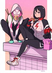  2girls animification backpack bag black_hair bodysuit breasts cindy_moon closed_jacket commentary doughnut drumsticks food food_in_mouth full_body green_bag highres hood hooded_bodysuit jacket looking_at_viewer marvel medium_breasts multiple_girls shoes short_hair silk_(marvel) sitting spider-gwen spider-man_(series) squatting superhero_costume sushi_pizza_rrr symbol-only_commentary 