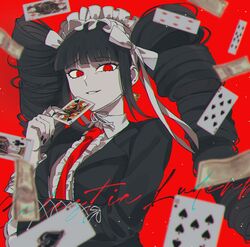  ace_(playing_card) ace_of_spades bad_id bad_twitter_id black_hair black_jacket blunt_bangs bong_(0u0bon) bonnet card celestia_ludenberg center_frills claw_ring club_(shape) danganronpa:_trigger_happy_havoc danganronpa_(series) diamond_(shape) drill_hair eight_of_spades female frills gothic_lolita grin hand_up highres holding jacket king_(playing_card) king_of_clubs lolita_fashion long_hair long_sleeves looking_at_viewer maid_headdress necktie nine_of_spades playing_card queen_(playing_card) queen_of_diamonds queen_of_spades red_eyes red_necktie six_of_diamonds smile solo spade_(shape) ten_of_spades twin_drills twintails 