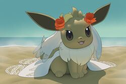  &gt;:) 3:2 accessory beach bride brown_body brown_fur clothed clothed_feral clothing detailed_background dress eevee female feral flower flower_in_hair fur generation_1_pokemon hair hair_accessory hi_res inkune looking_at_viewer neckfluff nintendo open_mouth outside plant pokemon pokemon_(species) sand seaside sitting solo water wedding_dress 