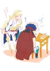  1boy armor blonde_hair blue_hair blush braid cape desk female fire_emblem fire_emblem:_path_of_radiance fire_emblem:_radiant_dawn fire_emblem_heroes gloves headband highres ike_(fire_emblem) long_hair multicolored_hair open_mouth protected_link qumaoto scale_armor sharena_(fire_emblem) short_hair simple_background smile translation_request white_background yellow_eyes 