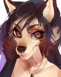  ambiguous_gender anthro black_gargoyley canid canine digital_media_(artwork) facial_piercing looking_at_viewer makeup mammal mascara nose_piercing open_mouth piercing shaded smile solo 