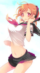  bad_id bad_pixiv_id bouncing_breasts breasts cloud devil_survivor female large_breasts looking_at_viewer midriff miniskirt miyu_(matsunohara) navel orange_hair pleated_skirt red_eyes school_uniform serafuku skirt sky solo yuzu_tanigawa 